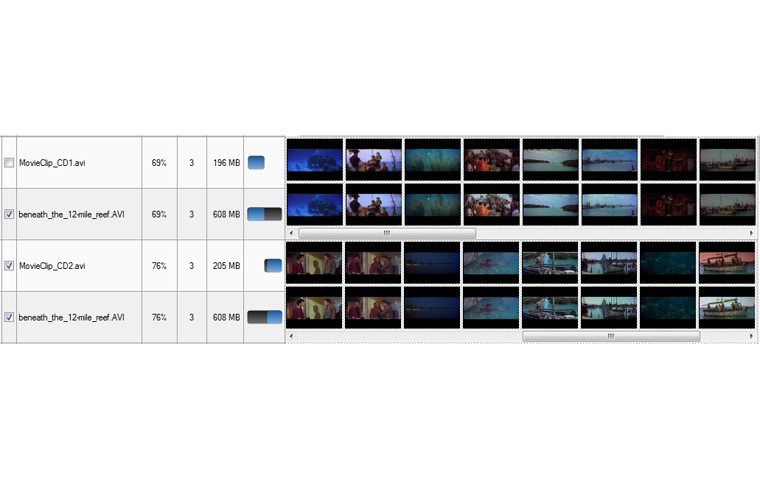 The result of duplicate films is a synchronized timeline thumbnails, and similarity percent