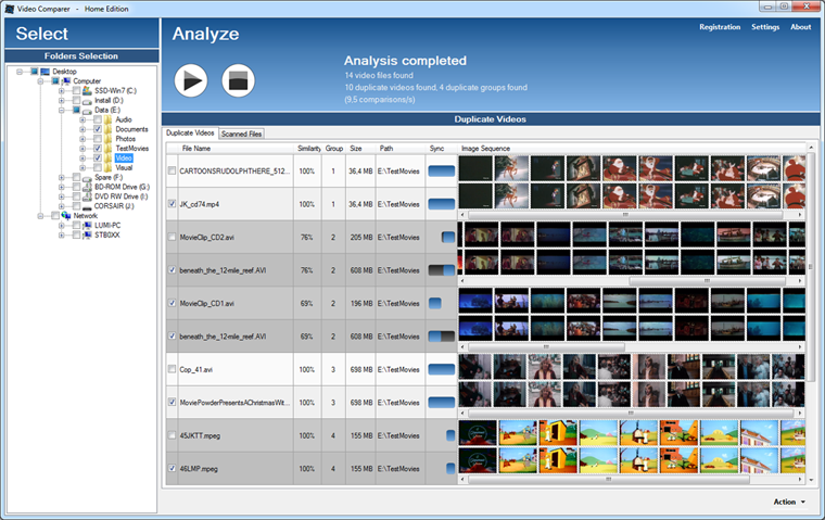 Video Comparer main window with synchronized timeline thumbnails and image similarity rate