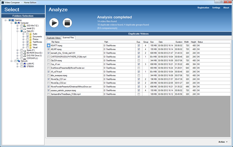 Video Comparer report of scanned files with video format and analysis status